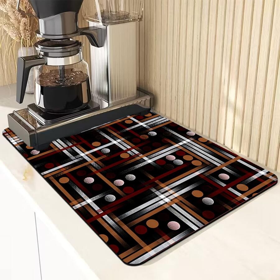 1/10 piezas Alfombrilla de secado de estilo bohemio, rejilla de secado, alfombrilla para máquina de café. Esta alfombrilla de secado presenta líneas geométricas abstractas y patrones circulares, combinando elementos profundos de rojo, marrón, negro y plata para crear un ambiente artístico retro. Adecuado para encimeras de cocina y barras de café, este accesorio de secado rápido, altamente absorbente y fácil de limpiar tiene un respaldo de goma antideslizante para proteger las superficies de la cocina. Un elemento esencial de decoración del hogar. - Multicolor - Ver 1