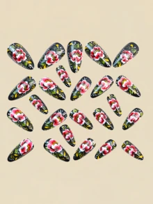 24pcs Pink Floral Plant Pattern Nail Stickers, False Nails, Nail Art Supplies, Y2K Style Nails, Almond Shaped Nails - Pink - View 3