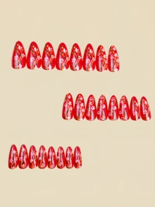 24pcs Patterned Red Nail Stickers, Y2K Style Fake Nails, Nail Care Products, Nail Art - Red - View 2