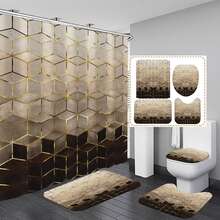 1/4pcs Set Brown Ombre Shower Curtain Set, Modern Geometric Shower Curtain Set, Golden Cubic Line Bathroom Set, Textured Art Bathroom Accessories, Including Bath Mat