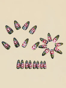 24pcs Pink Floral Plant Pattern Nail Stickers, False Nails, Nail Art Supplies, Y2K Style Nails, Almond Shaped Nails - Pink - View 4