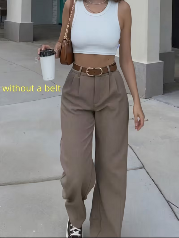 Women's Polyester Straight-Leg Pants With Button And Pocket Design, Non-Stretchy Fabric For Autumn