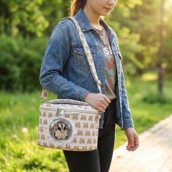 可爱小型宠物手提包，适用于蜜袋鼯、仓鼠、豚鼠 - 透气气泡窗旅行包，手提/肩背便携式宠物手提袋（猫咪图案）