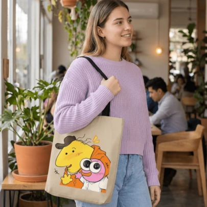 Smiling Cute Cartoon Character Canvas Tote Bag For Women, Double-Sided Kawaii Graphic Print, Reusable Shoulder Shopper 33x38cm For School Work Travel,Shopping, Party, Daily Outfit Accessory,Smiling Fans,Friends Gift,Smil-Ing Friends