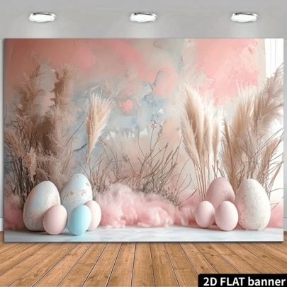 1pc 2D Flat Horizontal Banner, Spring Easter Arch Bohemian Floral Eggs Birthday Party Portrait Photography Backdrop Decoration