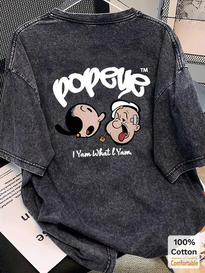 女士超大复古黑色长袖T恤，宽松版型卡通图案T恤