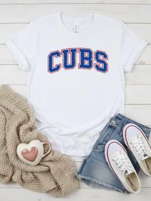 Adult Cubbies Chicago Baseball T-Shirt Cubs Game Day Graphic Tee 100% Cotton Crew Neck Short Sleeve Retro Varsity Lettering Sports Fan Gift For Men Women Unisex Soft Breathable C-1 - 白色6 - 查看 1