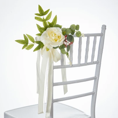 2pcs Elegant Artificial Flower Chair Back Decor, Featuring Realistic Hanging Floral Wreath - White Roses With Green Leaves, Yellow & Red Accent Flowers, And White Satin Bow - Suitable For Weddings, Valentine's Day, Engagements, Garden Parties, Banquet Chair Decorations - For Indoor & Outdoor Use, Easy Assembly, No Maintenance Required - Great For Wedding Arches, Galas, Home Decor - Lifelike Faux Flowers