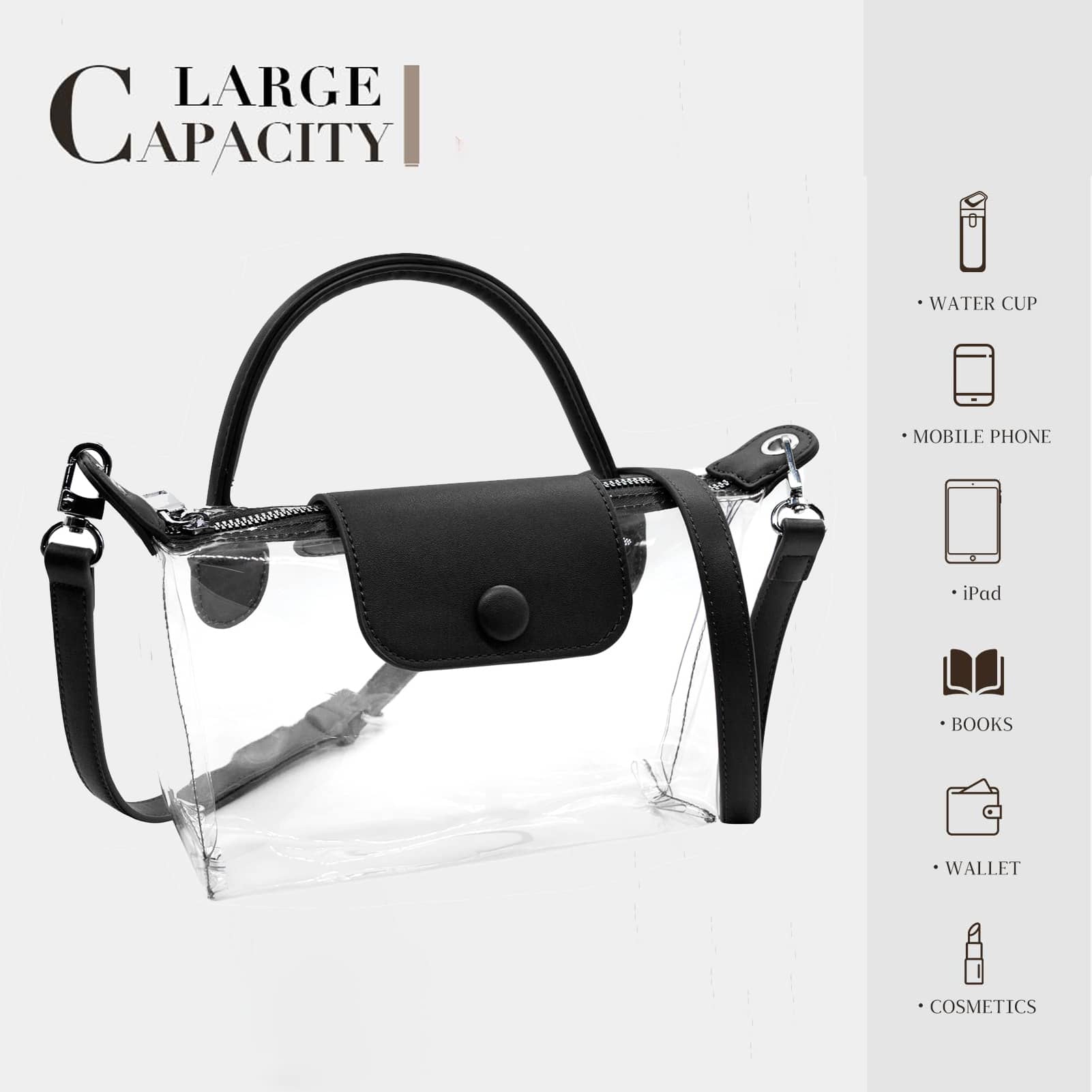 Stylish Long Adjustable Strap Clear Bag Stadium Approved, Cute Crossbody Shoulder Purse For Women Concerts Sports,Christmas Gift For Men Women - 黑色 - 查看 1