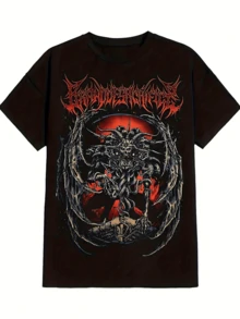 Figura de criatura oscura con alas extendidas rodeada de ramas retorcidas y fuego rojo intenso que simboliza poder y resistencia Camiseta de hombre 100% algodón para mujer casual cómoda y perfecta para uso diario - Negro - Ver 6