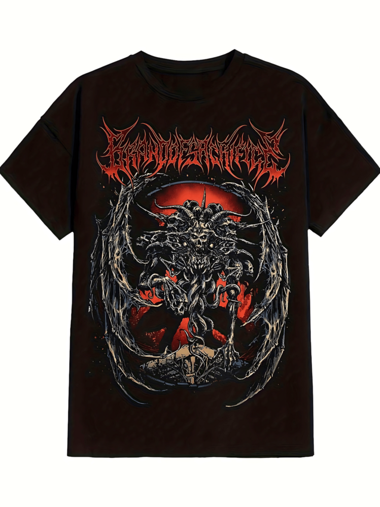 Figura de criatura oscura con alas extendidas rodeada de ramas retorcidas y fuego rojo intenso que simboliza poder y resistencia Camiseta de hombre 100% algodón para mujer casual cómoda y perfecta para uso diario - Negro - Añade 6
