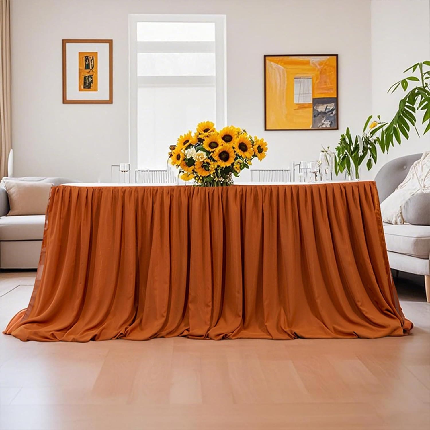 Falda de mesa de gasa para decoraciones de boda - Mantel transparente de 6 pies de terracota para baby shower, cumpleaños, fiestas, decoración de mesa de pastel del hogar, 2 capas, lavable a máquina y reutilizable - Naranja Quemada - Ver 1
