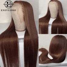 NATAN 13x4 巧克力棕色长直蕾丝前假发，适合，彩色透明高清合成蕾丝前假发，已预先拔毛 - S4 - 查看 1