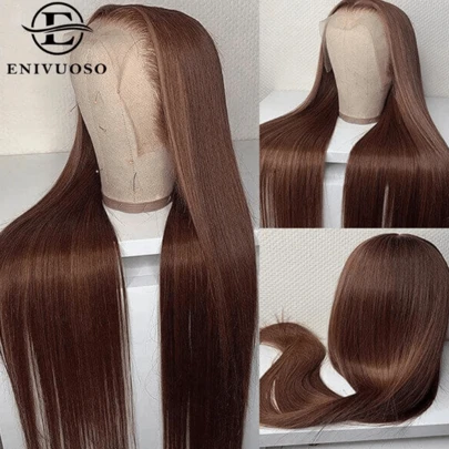 NATAN 13x4 巧克力棕色长直蕾丝前假发，适合，彩色透明高清合成蕾丝前假发，已预先拔毛