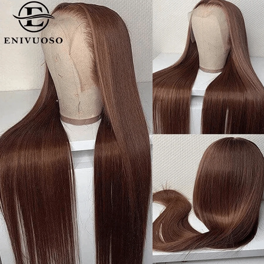 NATAN 13x4 巧克力棕色长直蕾丝前假发，适合，彩色透明高清合成蕾丝前假发，已预先拔毛 - S4 - 查看 1