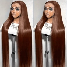 NATAN 13x4 巧克力棕色长直蕾丝前假发，适合，彩色透明高清合成蕾丝前假发，已预先拔毛 - S4 - 查看 9