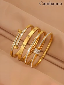 Bộ 4 vòng tay thép không gỉ thanh lịch, món quà ngày lễ hoàn hảo, phụ kiện đa năng cho nam và nữ, vòng tay bền bỉ, đa chức năng. - Vàng - Xem 16