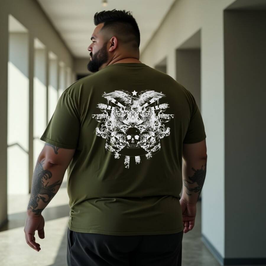 Plus Size Skull Skeleton T-Shirt, Premium Knit Fabric - Army Green - View 1