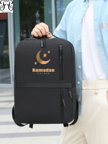 Mochila doble para hombres con patrón de Ramadán, adecuada para la escuela, viajes de negocios, ir y venir del trabajo, viajes, compras, almacenamiento conveniente - Negro - Ver 6