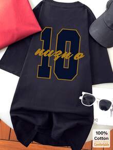 印花短袖中长款T恤，时尚休闲女式上衣，黑色 - 黑色 - 查看 3