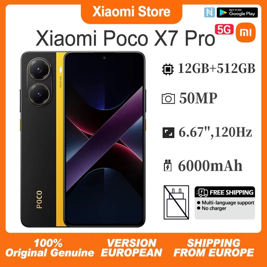 Xiaomi Poco X7 Pro 5G, Smartphone, 12GB+512GB, Pantalla AMOLED CrystalRes de 6,67", Tasa de refresco de 120Hz, Dimensity 8400-Ultra, Cámara de 50MP, Carga rápida de 90W, Batería de 6000 mAh, NFC, Color Amarillo, Dual SIM, Versión Europea - Amarillo - Ver 1