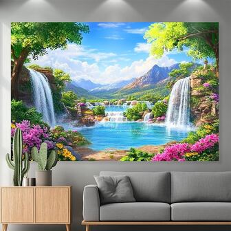 1pc Extra Large Backdrop Depicting Waterfall And Lake Scenery - Ideal For Adding Festive Ambiance To Any Space, Suitable For Seasonal Celebrations, Weddings, And More.
