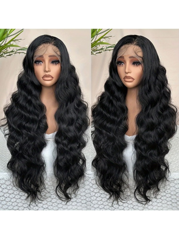 Elegant 28" Black Body Wave Lace Front Wig For Women - 13x4Transparent, Non-Adhesive Synthetic Hair With Loose Waves, Perfect For Daily Wear