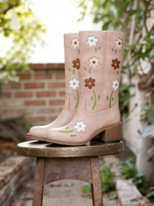 Women's Mid Calf Boots Square Toe Chunky Heel Pull On Block Heel Boots Western Boots With Flowers Cute For Christmas Halloween - 粉色 - 查看 5