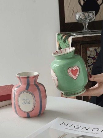 1pc Handpainted Asymmetrical Ceramic Vase, High-End Flower Vase, Tabletop Decor Vase, Gift For Friends, Handmade Pink & Green Vase, Suitable For Home, Restaurant, Desk, Gift