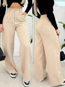 Wide Leg Chalk Striped Tailored Trousers - 米色 - 查看 1