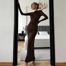 Vestido elegante de fiesta y cóctel de manga larga, cuello redondo y cintura fruncida para mujer, para otoño y carnaval - Marrón - Ver 4