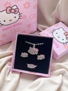 SANRIO 1 Set de joyería con personaje de dibujos animados lindo Hello Kitty, que incluye anillo, collar y aretes, adecuado para vacaciones, fiestas y uso diario - Multicolor - Ver 5