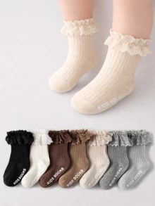 8 Pairs Baby & Toddler Solid Color, Striped, Lace Trim Mid-Calf Socks With Letter Non-Slip Silicone, Suitable For Infant, Toddler Boys And Girls, Soft, Comfortable And Breathable, Ideal Gift For Spring, Summer, Autumn And Winter - Multicolor - View 1