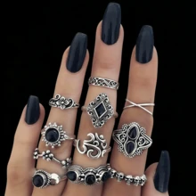 20pcs Vintage Punk Spider Skull Ring Set, Unisex, Mixed Style, Gothic Dark Style, Halloween Ring Jewelry, Party Holiday Accessories - 20 Mixed Black Stone Pinky Rings - View 5