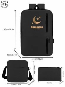 Mochila doble para hombres con patrón de Ramadán, adecuada para la escuela, viajes de negocios, ir y venir del trabajo, viajes, compras, almacenamiento conveniente - Negro - Ver 2