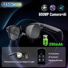SENBONO AI智能眼镜，带摄像头和视频功能，800万像素防抖摄像头，支持1080P高清视频录制和拍照，变色镜片，实时翻译（支持100多种语言），AI翻译智能眼镜，支持蓝牙5.4无线通话，内置音乐播放器，290mAh电池搭配原装3600mAh充电盒，时尚智能眼镜，兼容iOS/安卓系统，男女皆宜，是馈赠佳品。
