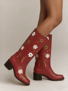 Women's Mid Calf Boots Square Toe Chunky Heel Pull On Block Heel Boots Western Boots With Flowers Cute For Christmas Halloween - 紅色 - 查看 4
