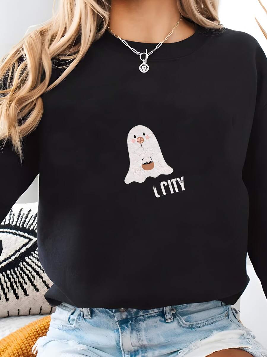 Me Gusta La Camisa, Halloween, Para Las Mujeres, Regalo De Halloween, Camisa Fantasma, Regalo Para Ella, Ropa De Otoño, Sudadera De Calabaza Sudadera - Negro - Ver 1