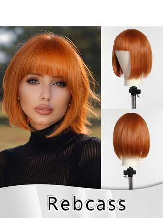 Chic 12" Orange Short Bob Wig For Women - Beginner-Friendly, Heat Resistant Synthetic Hair With Bangs For Daily Wear & Cosplay