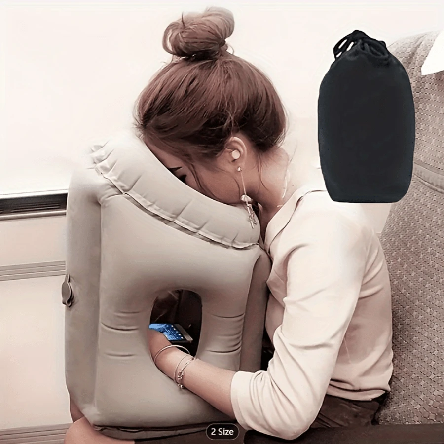 Upgraded Inflatable Travel Pillow For Sleeping - Premium Flocked Fabric, Ergonomic Neck/Head/Lumbar Support, Relieves Neck & Shoulder Pain, With Portable Drawstring Bag, Ideal For Airplanes, Cars, Buses & Office - Grey - View 1