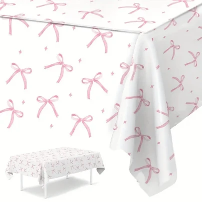 1pc Pink Bow & Star Disposable Plastic Tablecloth - 220x130cm, White Butterfly Tablecloth, Suitable For Weddings, Parties, Bridal Showers, Birthdays And Holiday Celebrations, Elegant Party Decor, Party Tablecloth, Made Of PE Material, Perfect For Bow Decor, Dining Table Centerpiece, Kitchen Decor, Birthday Decor, Kitchen Accessories, Party Supplies, Photo Backdrop, New Year Decor, 18th Birthday, 1st Birthday, 30th Birthday