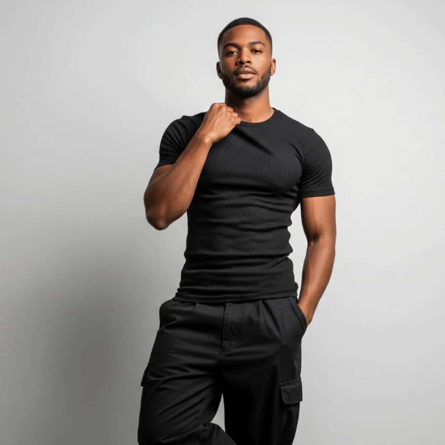 Men's US Drip Ribbed T-Shirt, Made From Lightweight Cotton Fabric That Fits Close To The Body. - 黑色 - 查看 1