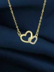 1pc Luxury Double Ring Heart Pendant Necklace, Delicate Zirconia Jewelry, Unique Design, Gentle & Sweet - Vàng - Xem 2