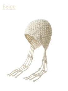 1顶女士手工钩编针织帽，黑色/米色/红色仿珍珠流苏针织帽，镂空波西米亚风头巾，保暖耳罩帽，适合秋冬季日常佩戴及度假摄影 - 多色厚款 - 查看 14