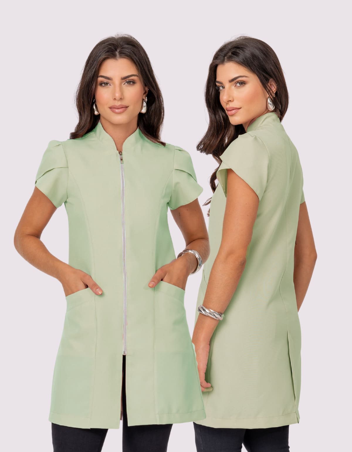 Women's Fitted Lab Coat With Zipper For Doctors/Estheticians - Tulipa - 鼠尾草綠 - 查看 1