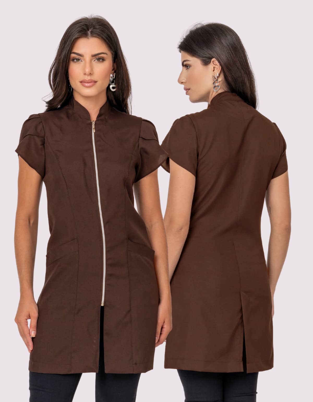 Women's Fitted Lab Coat With Zipper For Doctors/Estheticians - Tulipa - Rỉ Nâu - Xem 1