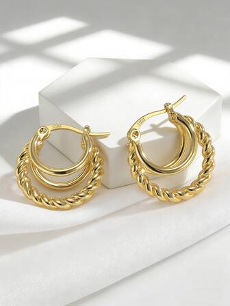 Charm-In Pendientes de aro doble retorcido chapados en oro para mujeres - Joyería texturizada retro para noches de citas, fiestas y estilo callejero | Regalo encantador para ella en aniversarios