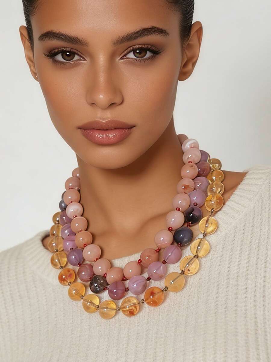 1pc Minimalist Chic Fresh Sweet Geometric Crystal Beaded Casual Versatile Knotted Necklace For Women - Geometric Beaded Necklace - View 1