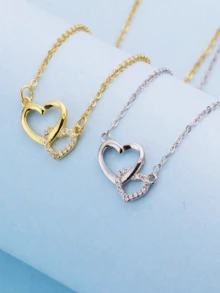 1pc Luxury Double Ring Heart Pendant Necklace, Delicate Zirconia Jewelry, Unique Design, Gentle & Sweet - Vàng - Xem 3