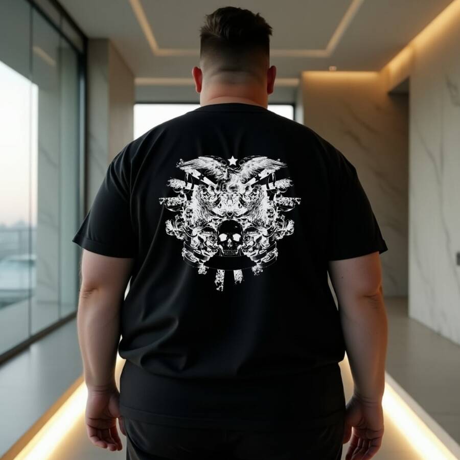 Plus Size Skull Skeleton T-Shirt, Premium Knit Fabric - Negro - Ver 1